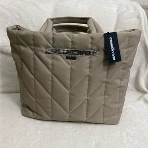 Karl Lagerfeld Quilted Tote in Taupe Beige with Silver Logo